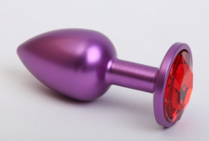Анальная пробка металл фиолетовая с красным стразом 7,6х2,8см 47413-2MM